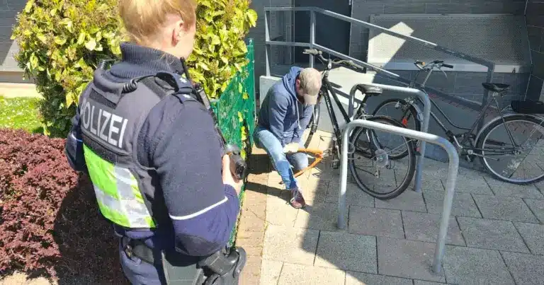Ein Polizist von hinten vor mehreren an einem Metallständer angebundenen Fahrrädern, im Hintergrund ein modernes Bürogebäude.